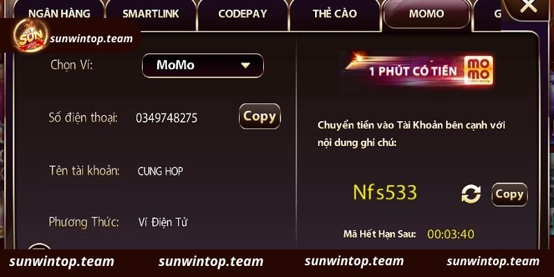 Thao tác nạp tiền Sunwin nhanh gọn cho tân binh